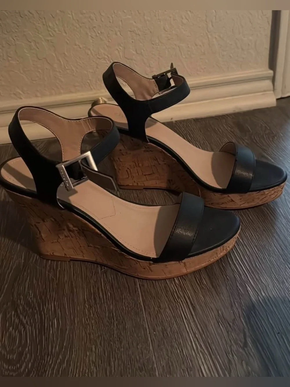 Charlies Black Leather Ankle-Strap Wedge Sandals